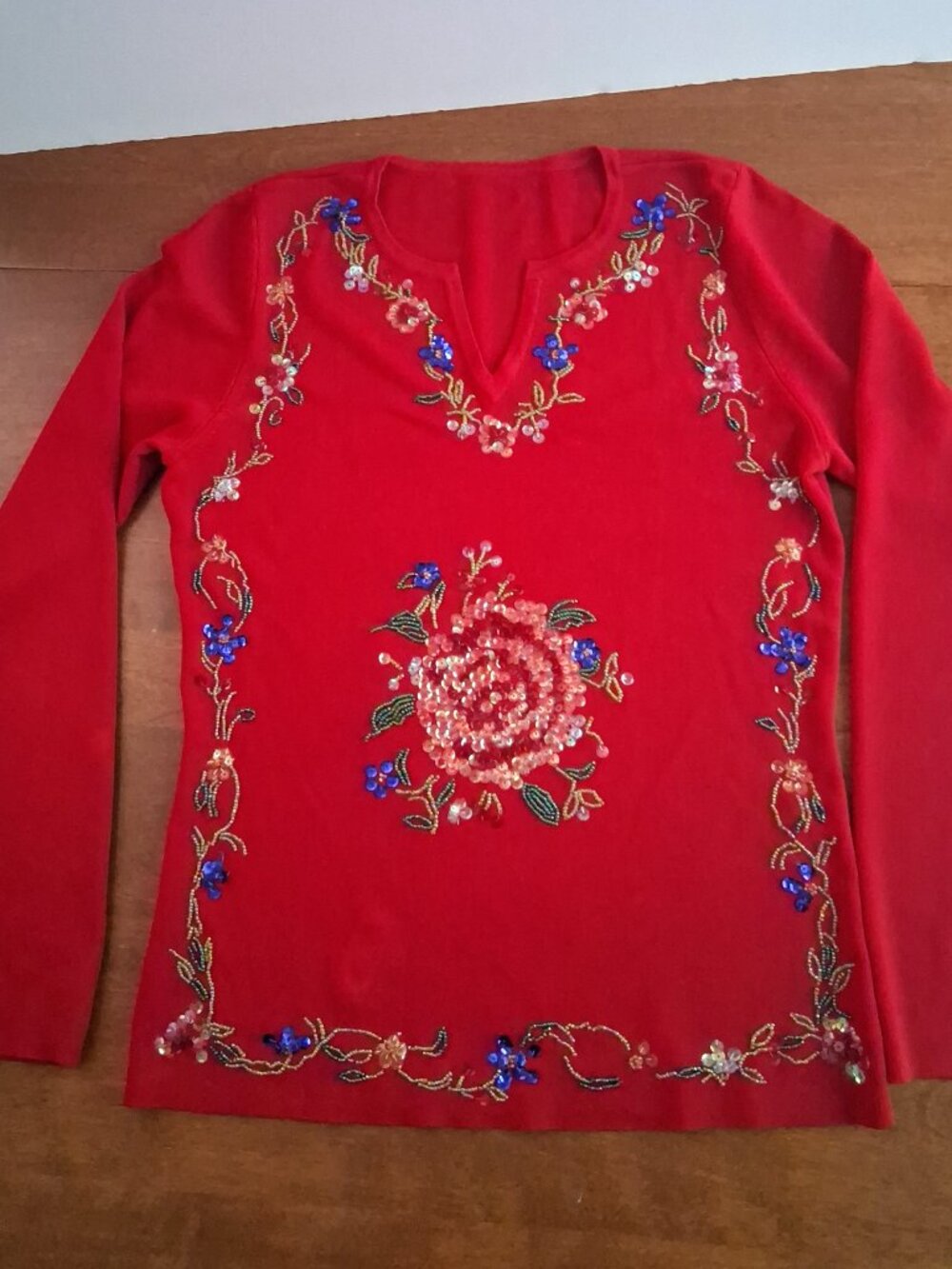 Vintage SWEATERWORKS Red Beaded Sequined Floral Long Sleeve Top – Size Small